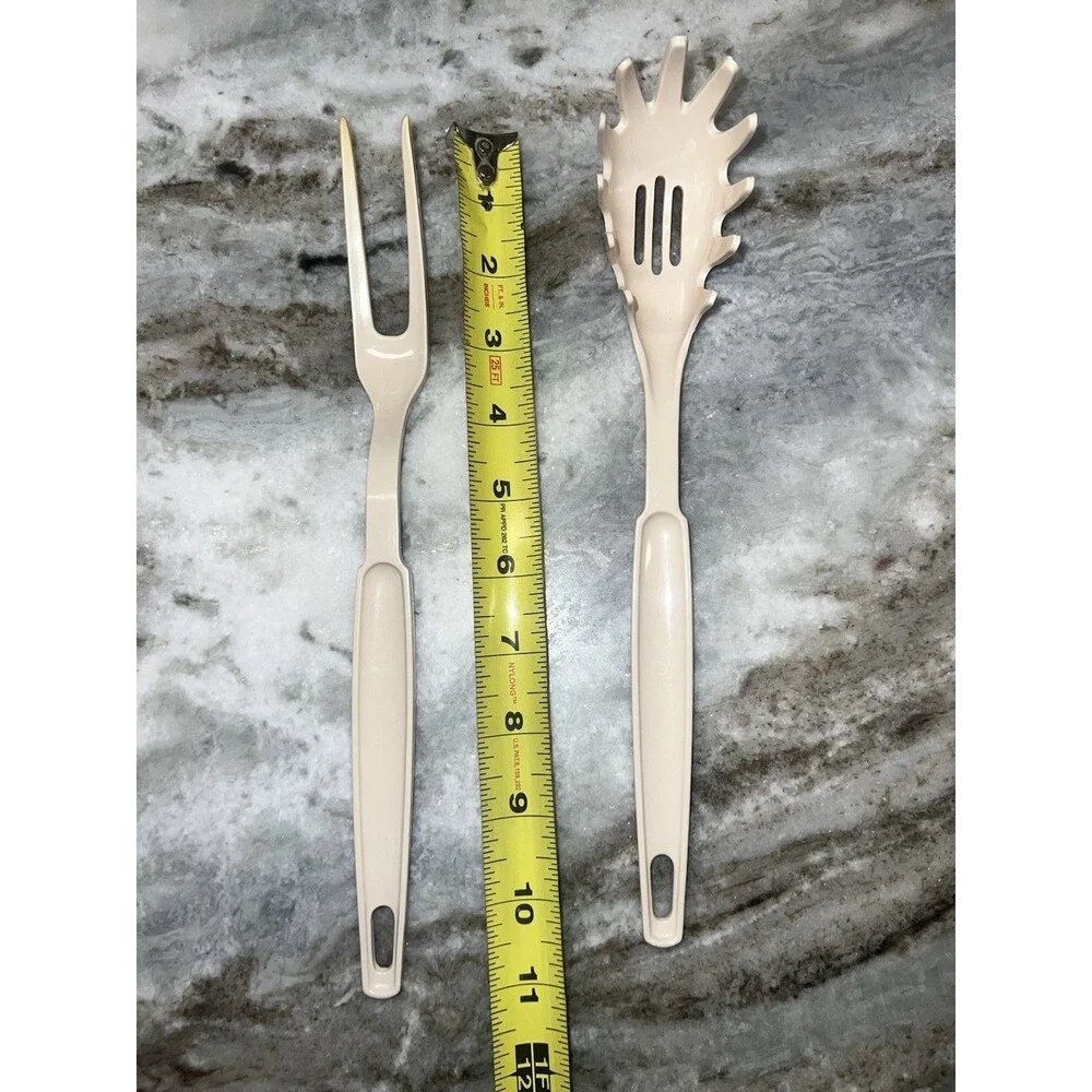 Vintage EKCO Pasta Fork Slotted Spoon 11” Beige Nylon  & Bonus Meat Fork Utensil